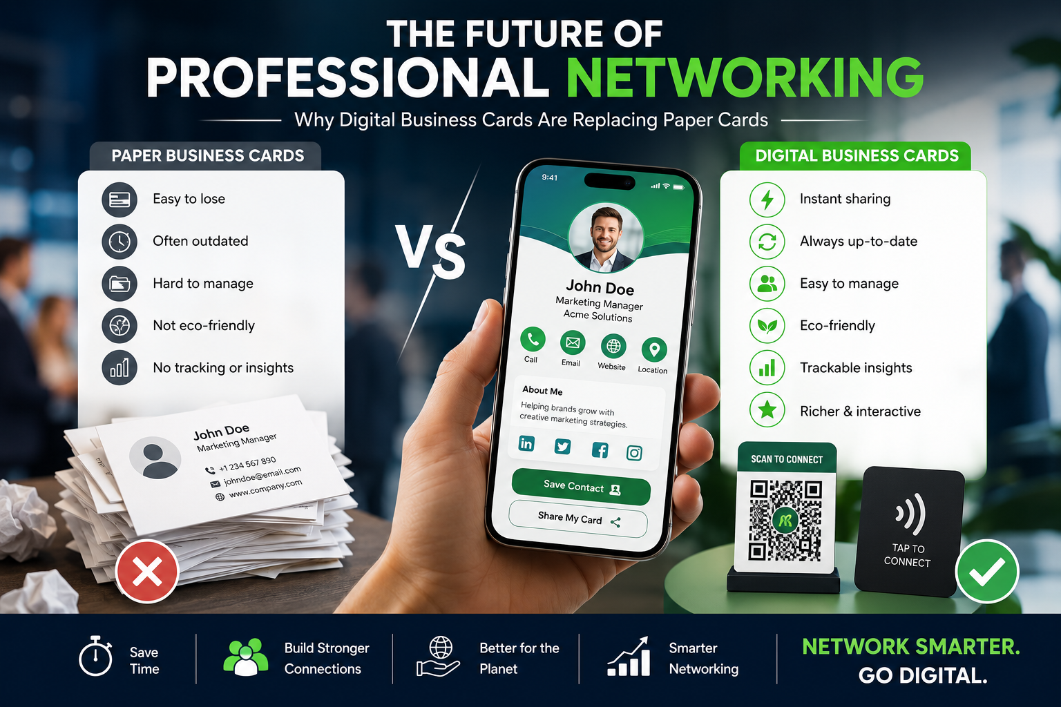 Infographic titled “The Future of Professional Networking: Why Digital Business Cards Are Replacing Paper Cards.” The design compares traditional paper business cards on the left with digital business cards on the right. A stack of paper cards is shown beside a list of drawbacks, including being easy to lose, often outdated, difficult to manage, not eco-friendly, and lacking tracking insights. In the center, a hand holds a smartphone displaying a digital business card profile with contact information, social media links, and sharing options. On the right, digital business cards are highlighted with benefits such as instant sharing, real-time updates, easy management, eco-friendliness, analytics, and interactive features. A QR code stand and NFC tap card are displayed below. The footer emphasizes key advantages including time savings, stronger connections, sustainability, and smarter networking, ending with the message: “Network Smarter. Go Digital.”
